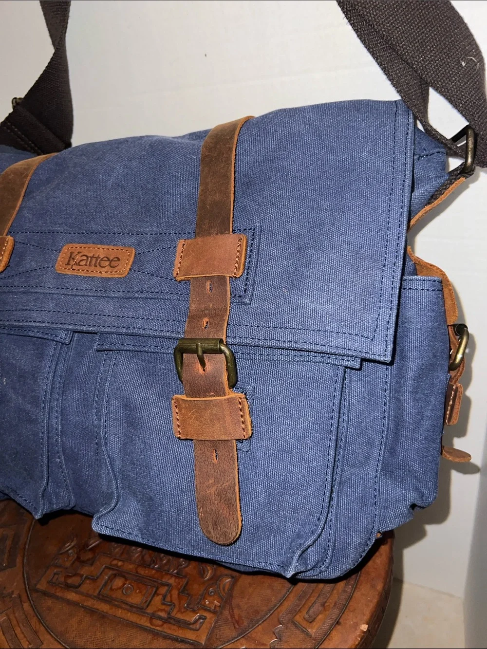 Large Navy Canvas Messenger Bag with Brown Leather Trim by Kattee
